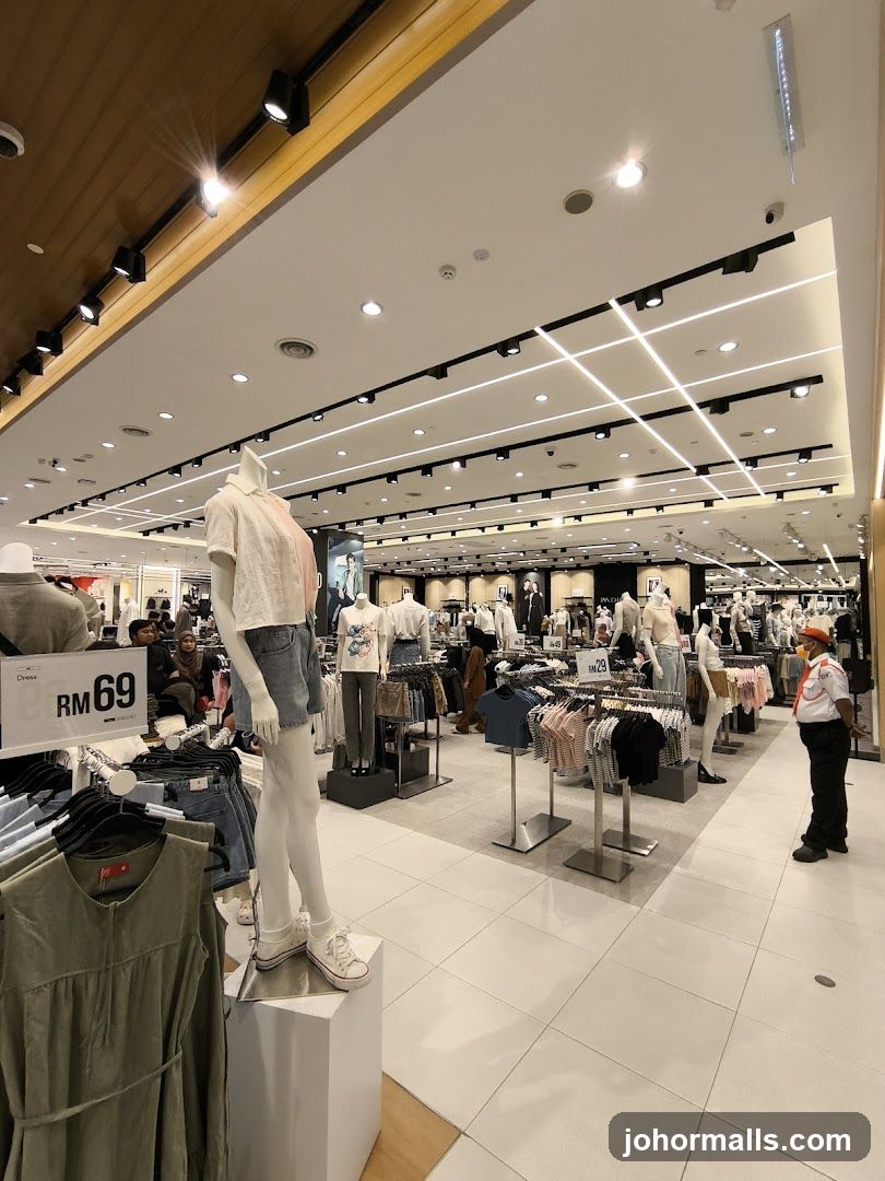 Clothing store interior with mannequins and clothing racks