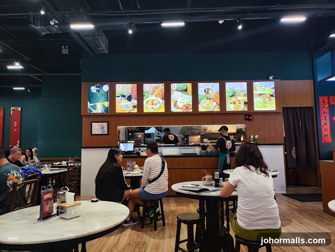 Restaurant Interior with Customers and Food Displays