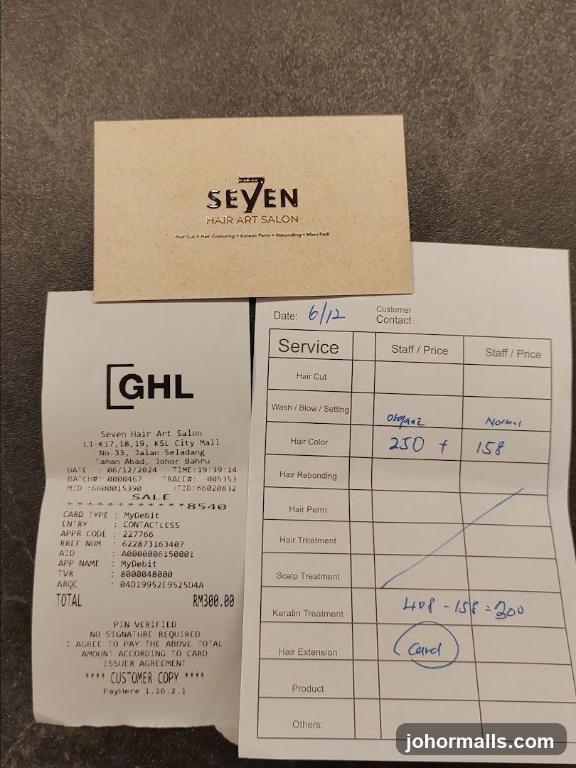 Seven Hair Art Salon Receipt and Business Card