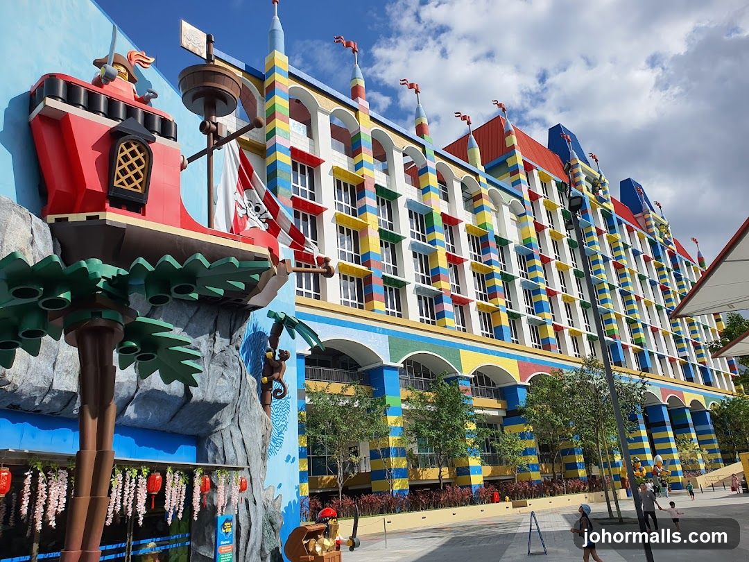 Colorful Lego-themed building with pirate ship facade