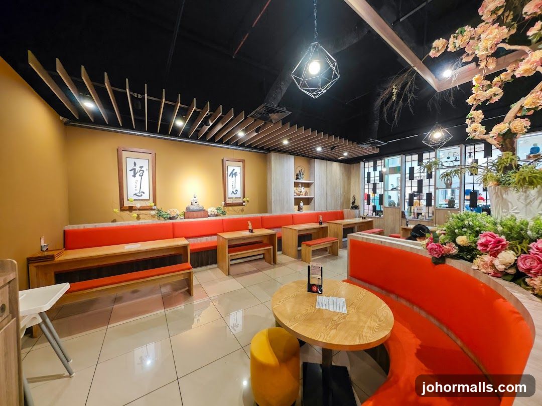 Restaurant Interior with Orange Seating and Asian Decor