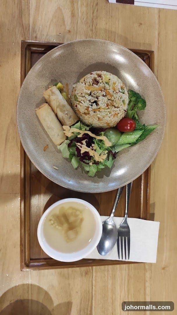 Fried Rice with Spring Rolls and Soup