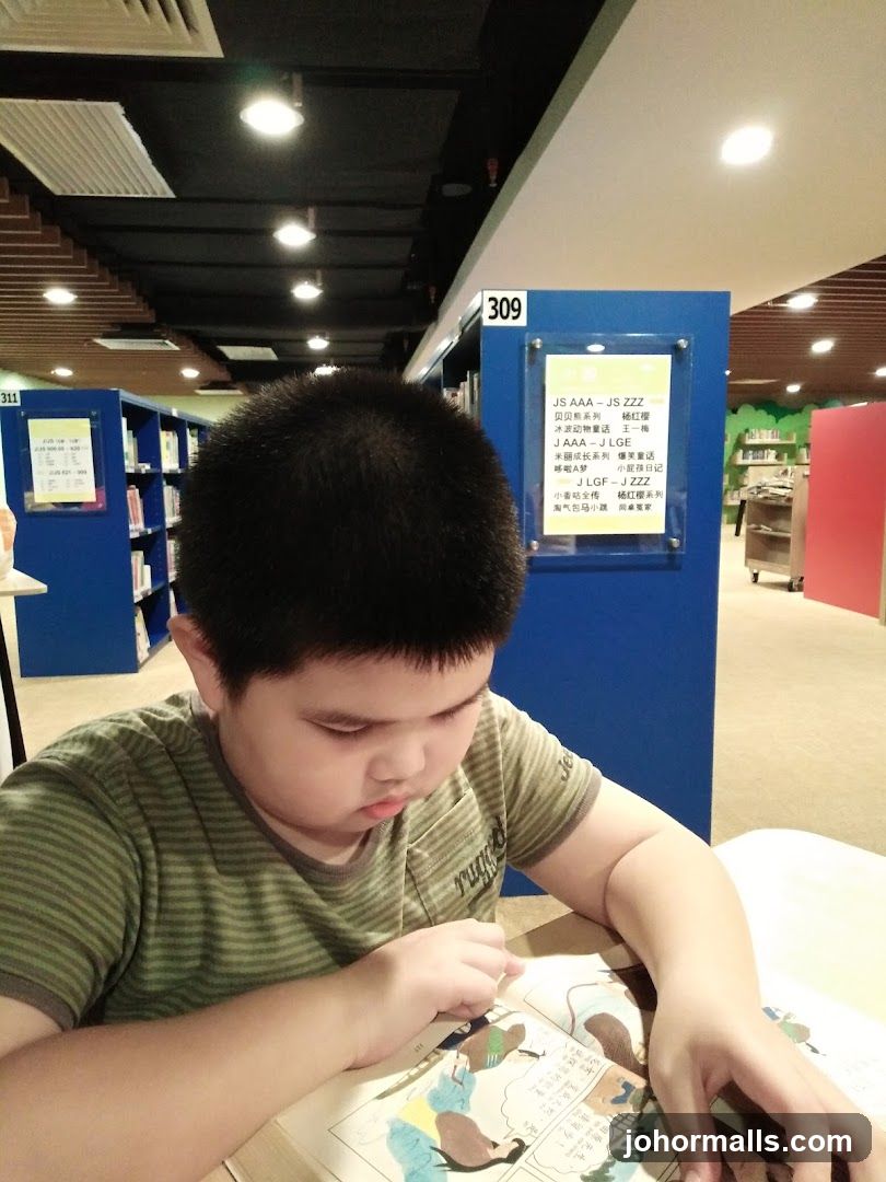 Boy Reading in Library