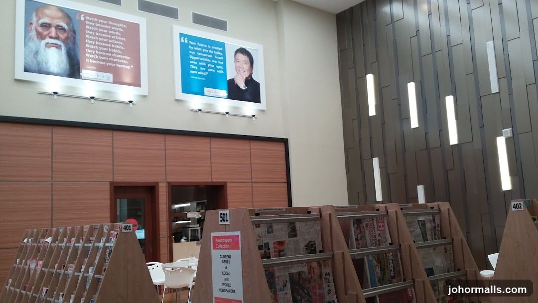 Library Interior with Motivational Posters and Newspapers