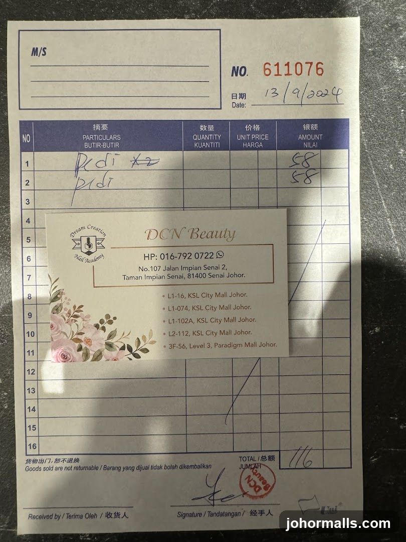 Receipt from DCN Beauty
