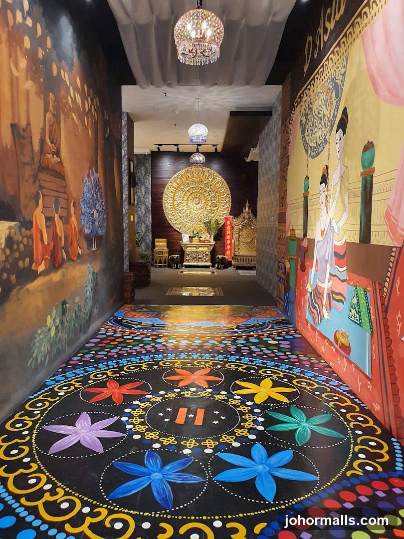 Hallway with Asian-inspired murals and floor art