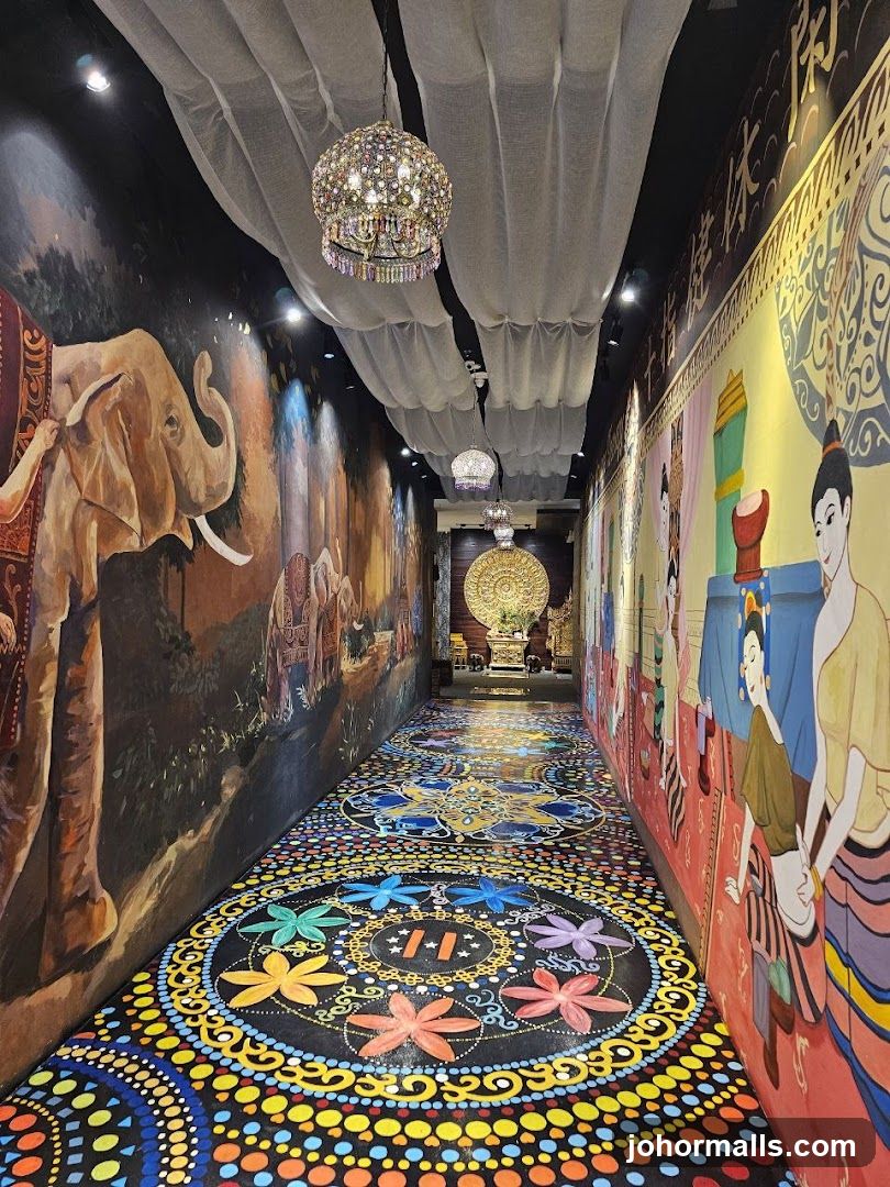 Hallway with murals and decorative floor