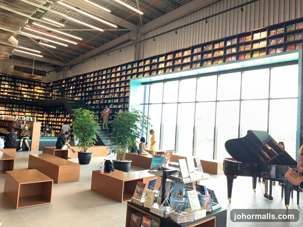 Spacious Bookstore Interior with Grand Piano
