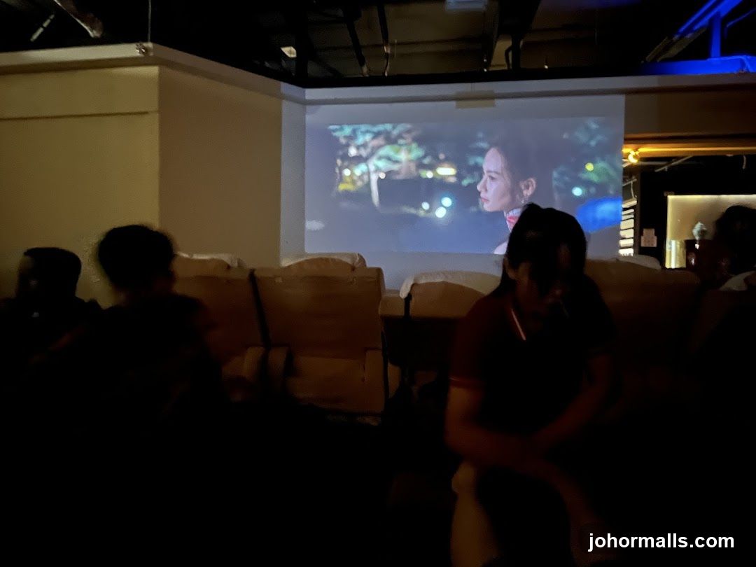 People watching a movie in a dimly lit room