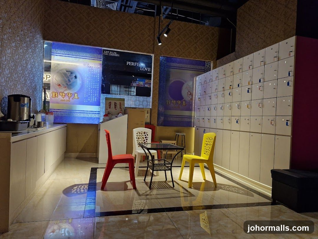 Interior of a facility with lockers and a counter
