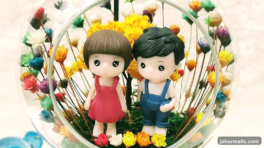 Couple Figurine in Glass Dome with Dried Flowers