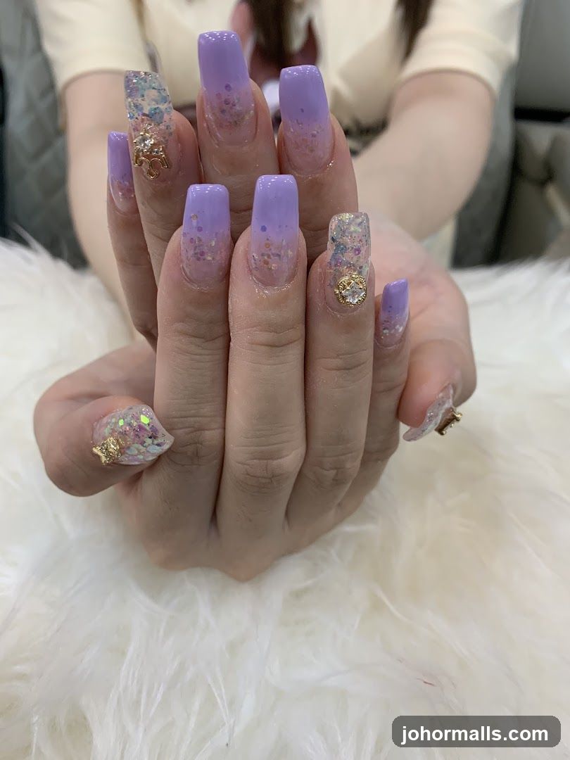 Purple Ombre Nails with Glitter and Charms