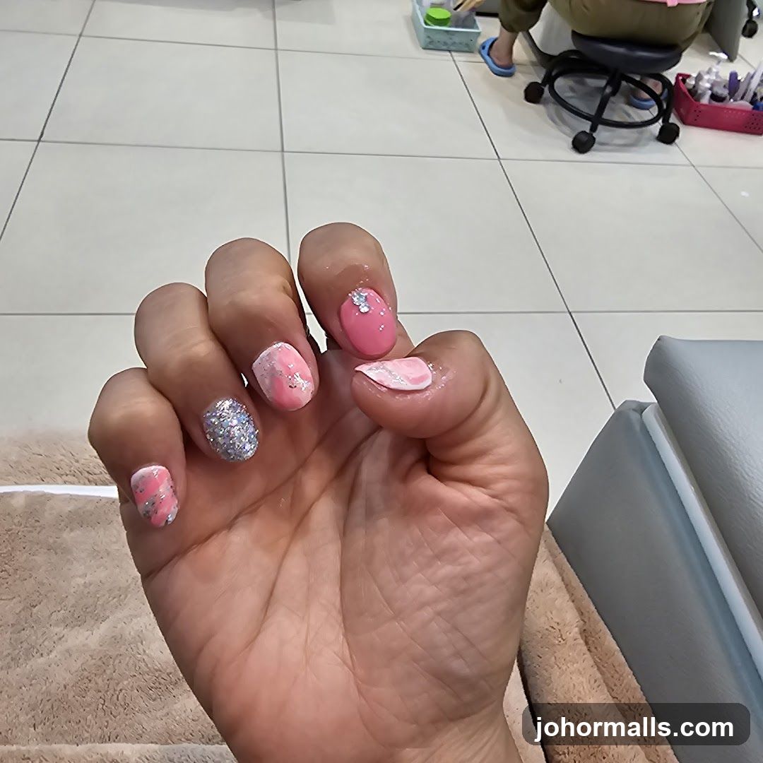 Manicured Hand with Pink and Silver Nails
