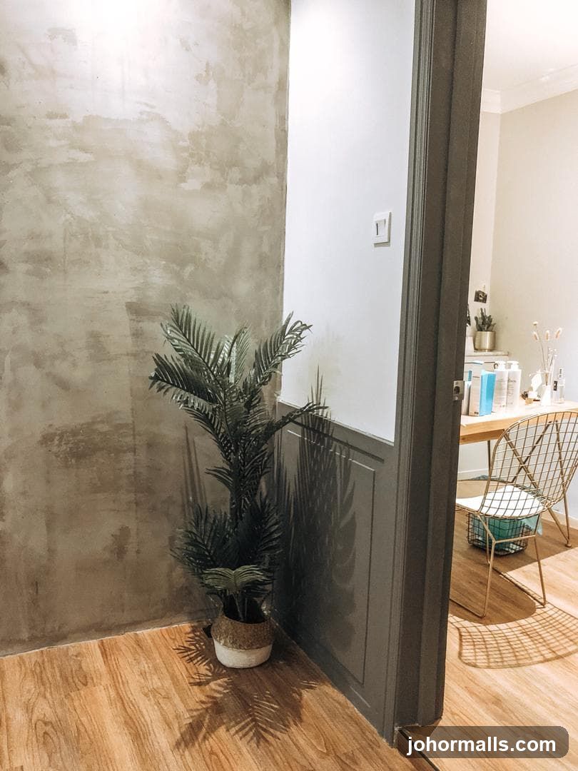 Interior of a room with a plant and a desk