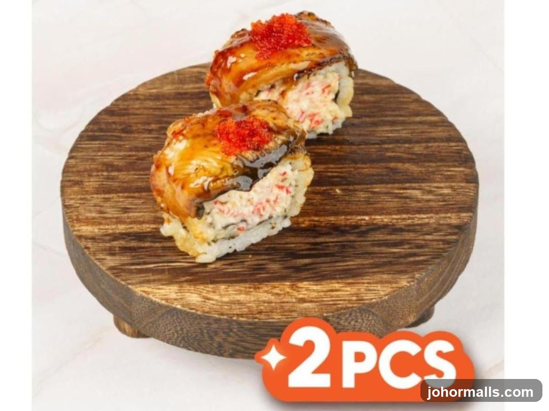 Two pieces of sushi on a wooden stand