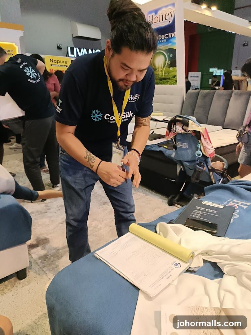 Salesperson at a Mattress Booth