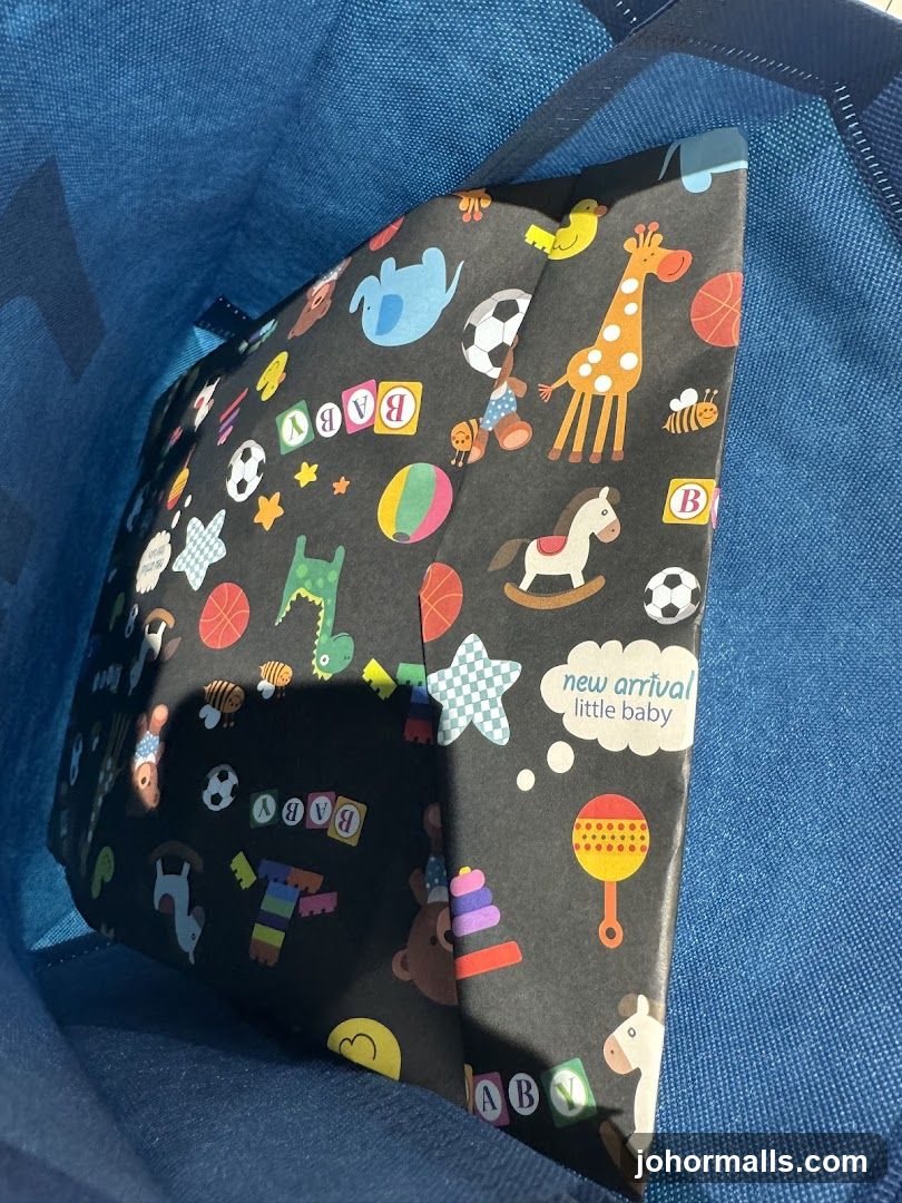 Gift bag with baby-themed wrapping paper