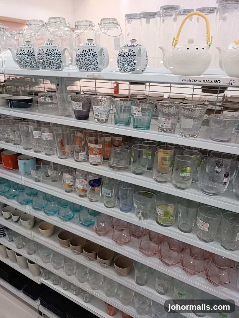 Glassware and Teapots on Shelves