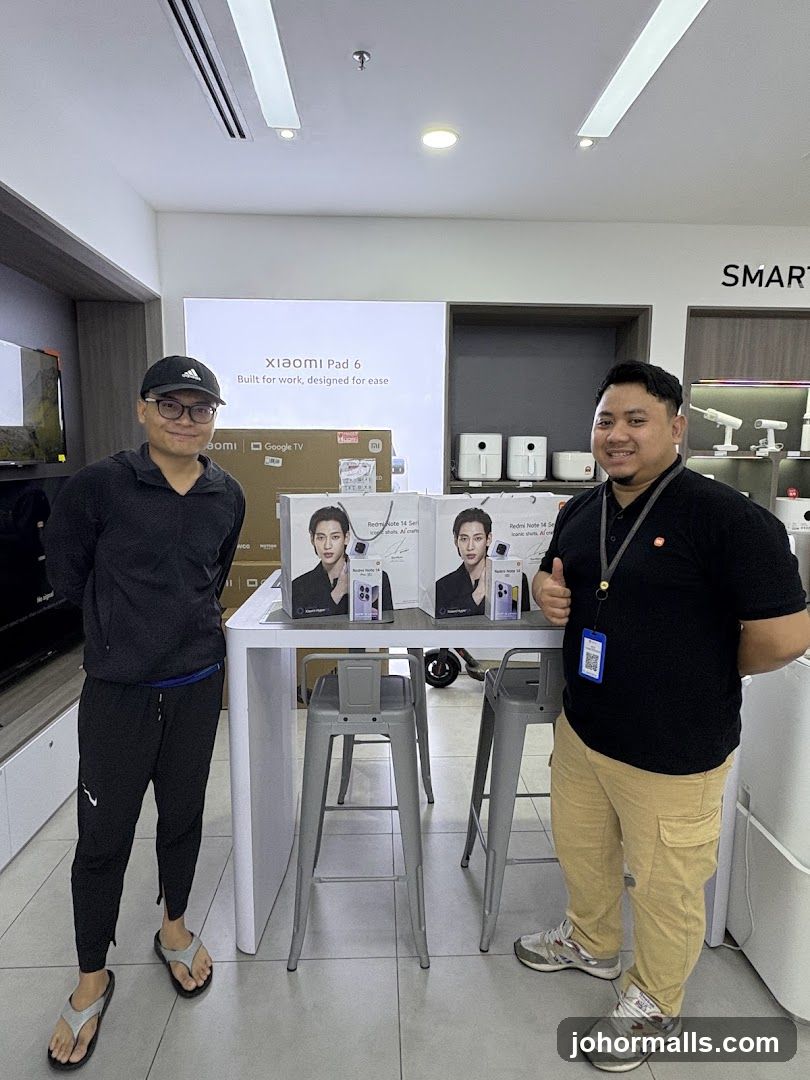 Two men in a store with Xiaomi products