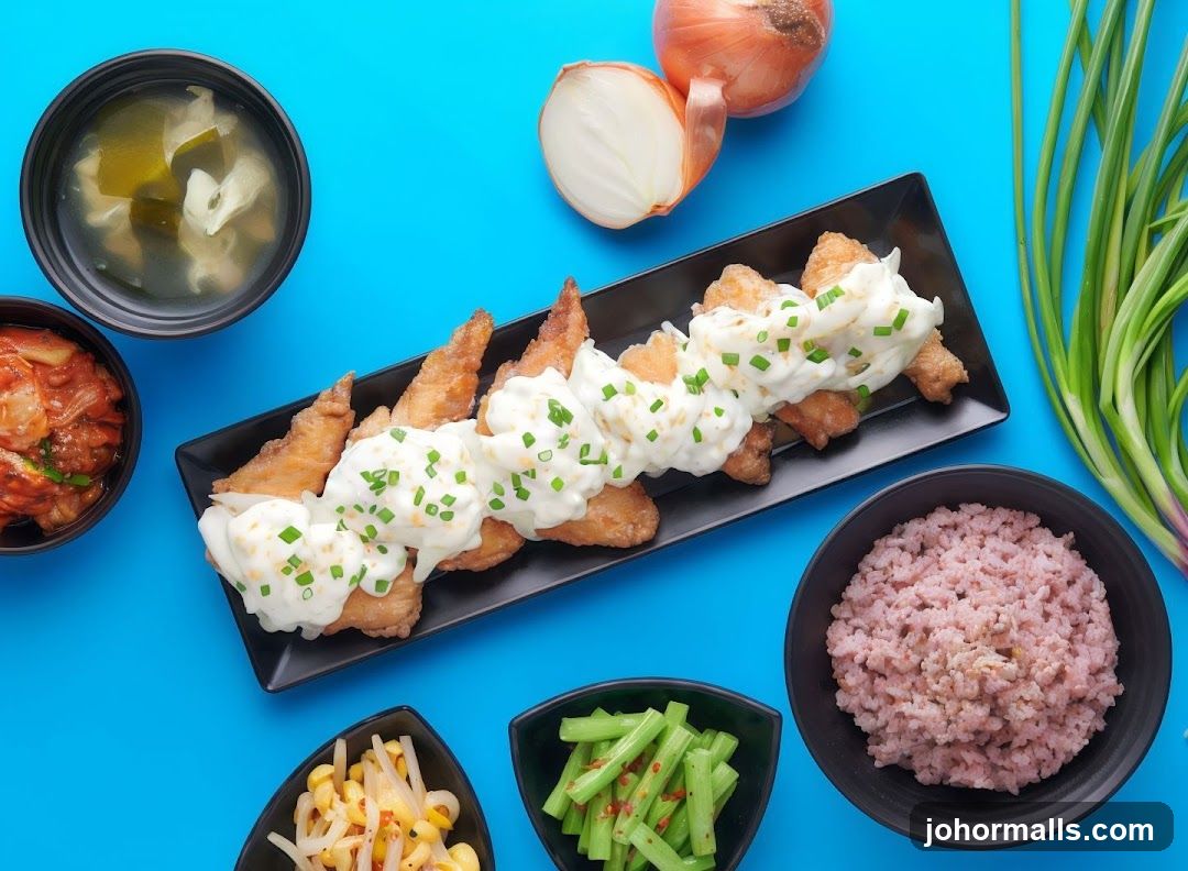 Fried Chicken with Cream Sauce and Side Dishes