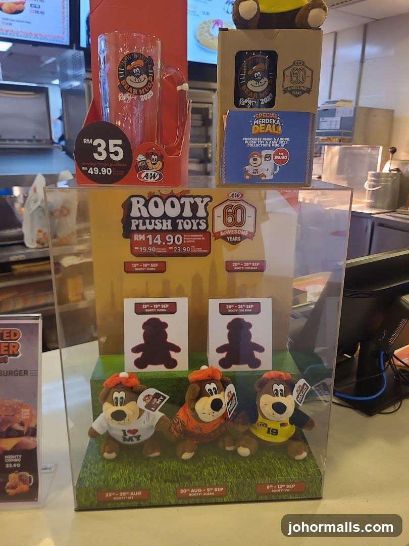 A&W Rooty Plush Toys and Mug Display