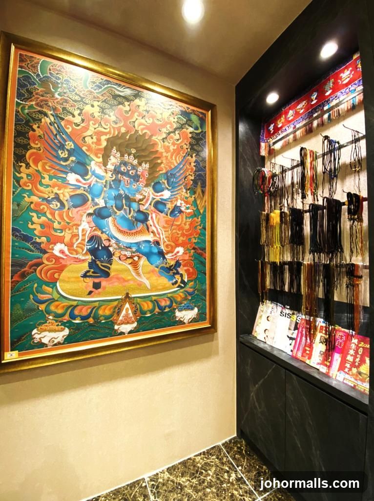 Tibetan Thangka Painting and Prayer Beads Display