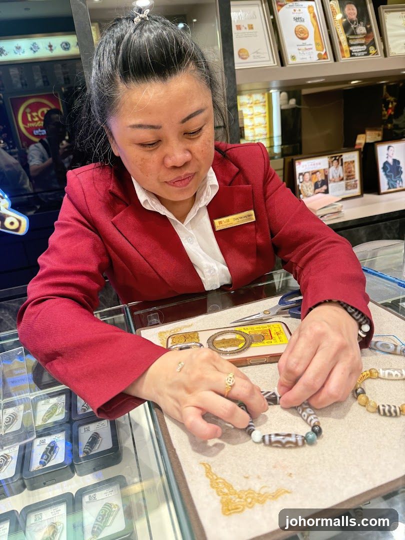 Jewelry store employee arranging bracelets