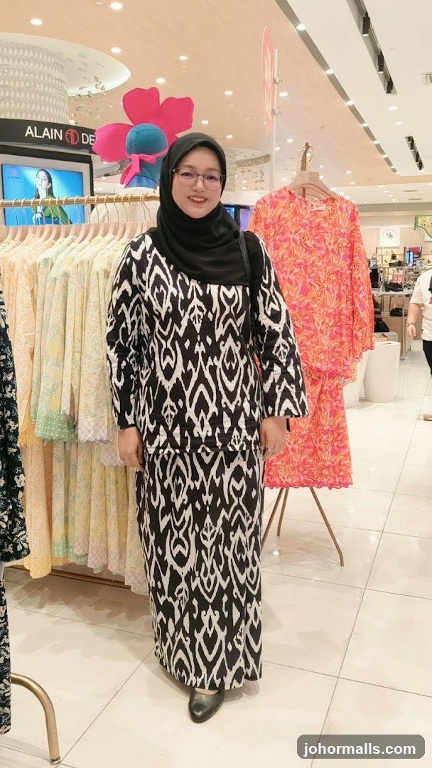 Woman in patterned attire in a clothing store