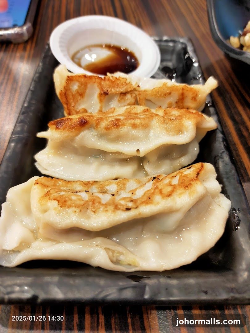 Pan-fried dumplings with dipping sauce