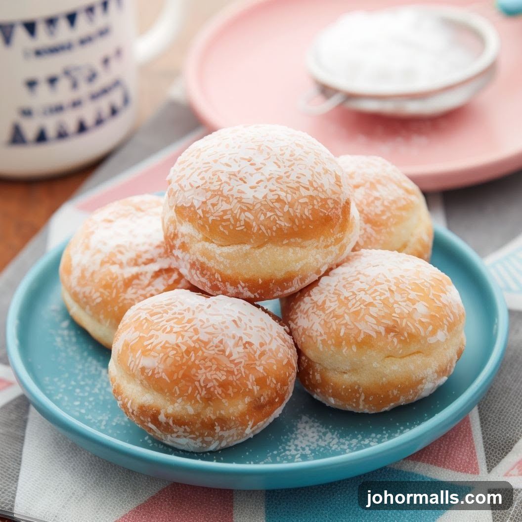 Donuts with powdered sugar and coconut flakes