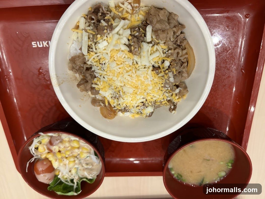 Beef bowl with cheese, side salad, and miso soup
