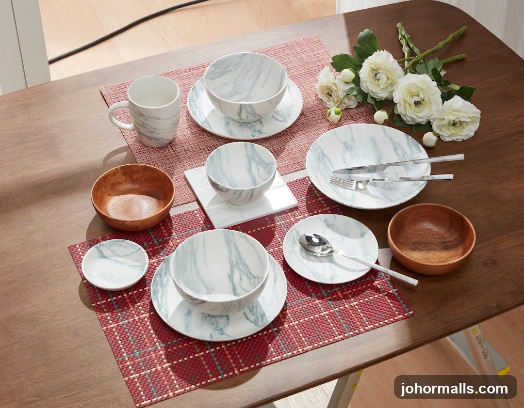 Marble-patterned dinnerware set with wooden bowls and flowers