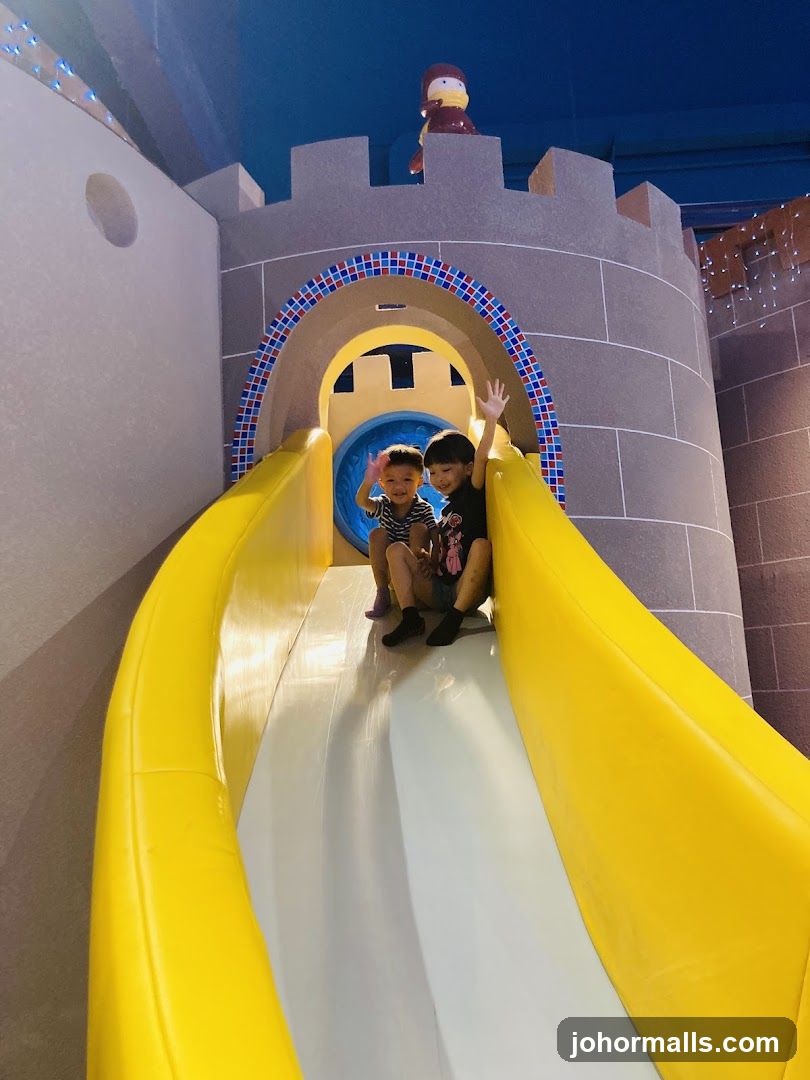 Children on a castle-themed slide