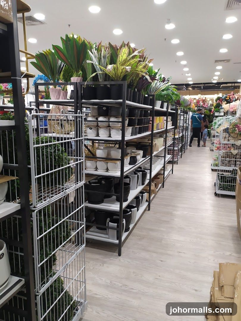 Store aisle with plants and pots