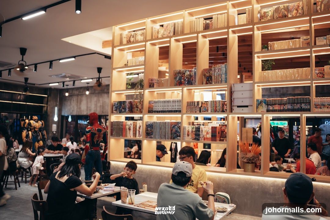 Interior of a comic-themed cafe