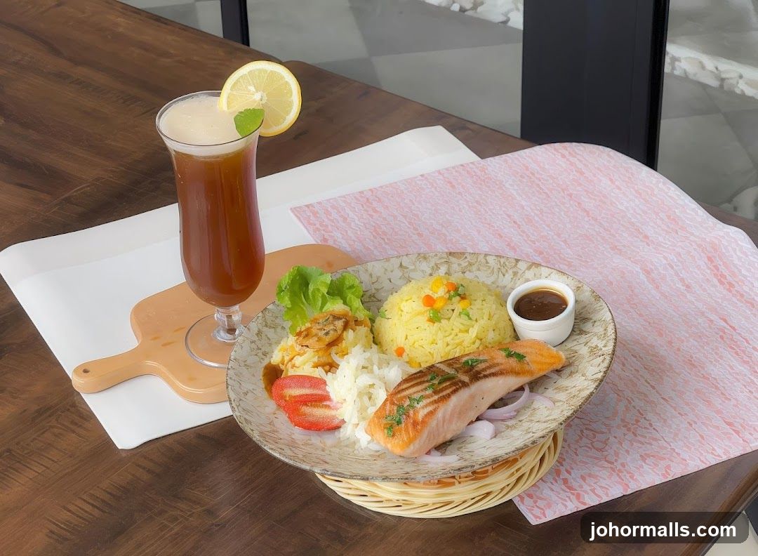 Salmon dish with rice and drink