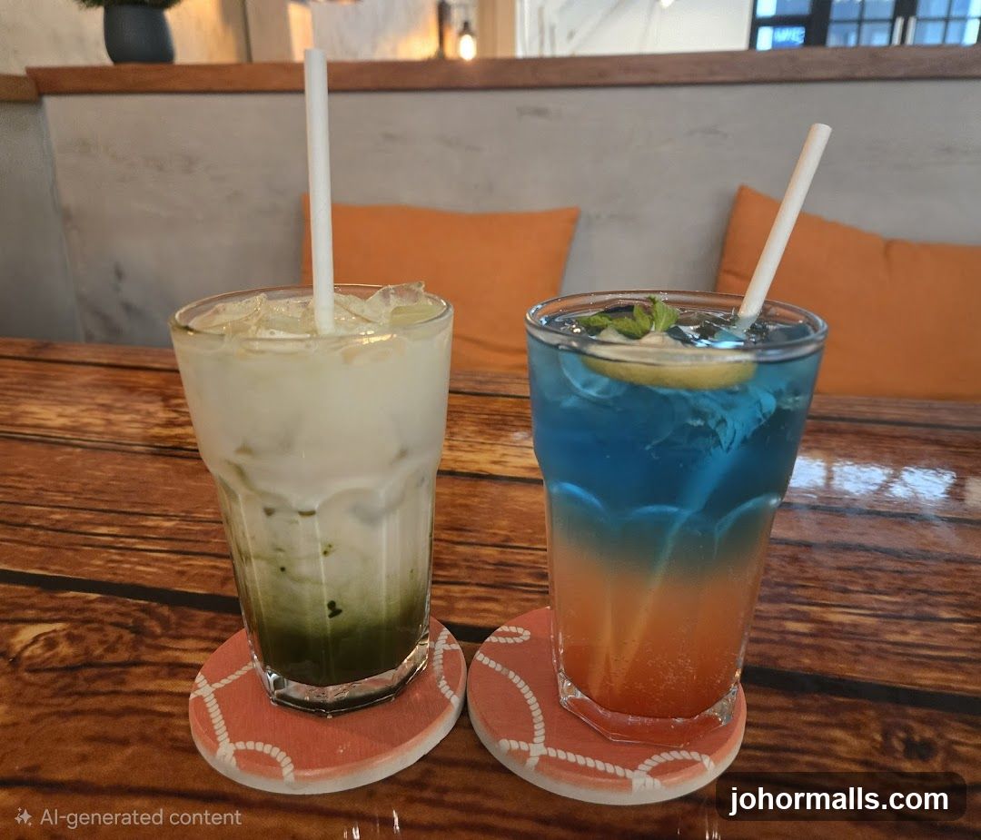 Two colorful drinks on a wooden table