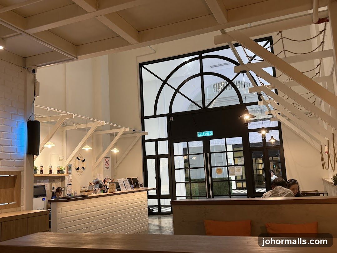 Cafe Interior with Counter and Large Arched Window