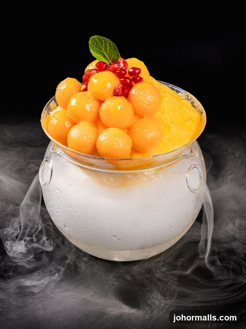 Mango Snow Ice with Melon Balls and Pomegranate Seeds