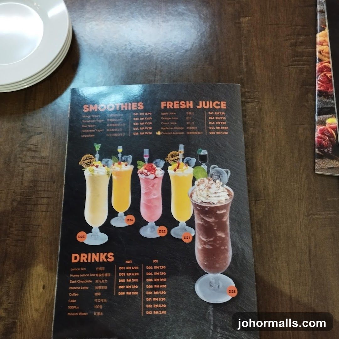 Smoothies, Fresh Juice, and Drinks Menu