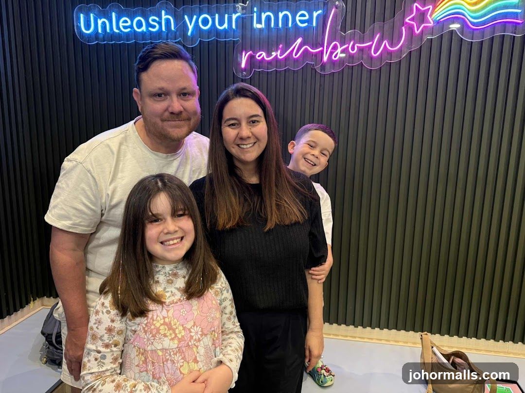 Family posing in front of neon sign