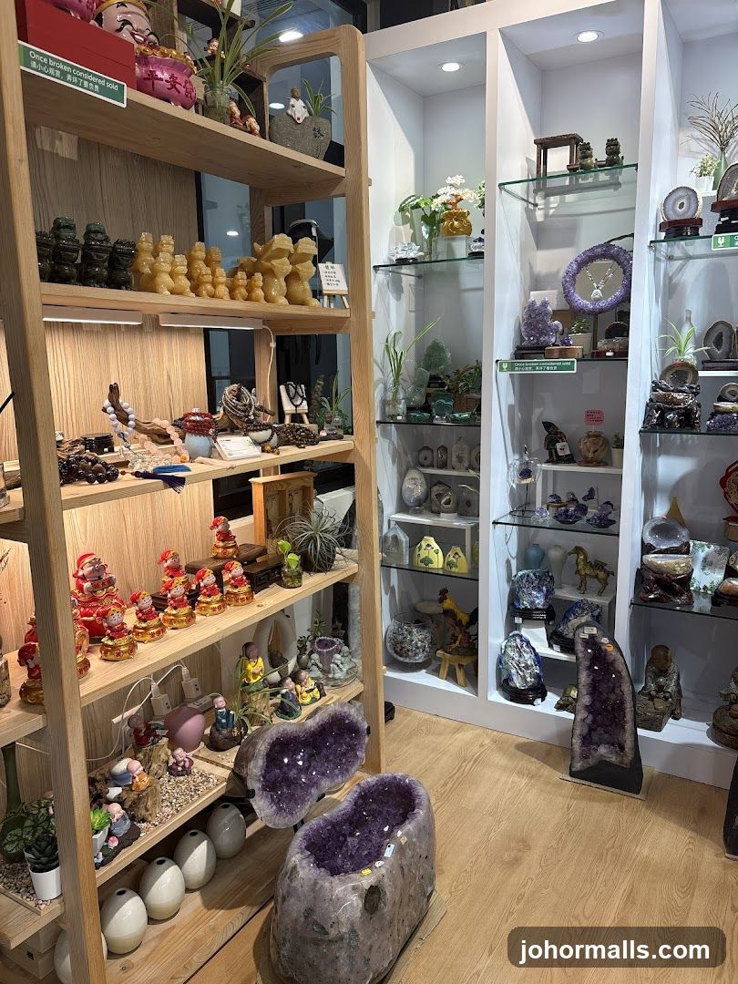 Interior of a shop with shelves displaying various decorative items and crystals.