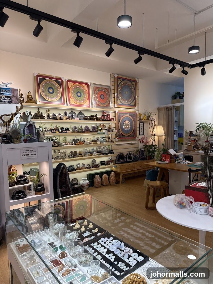 Interior of a shop selling crystals and decorative items