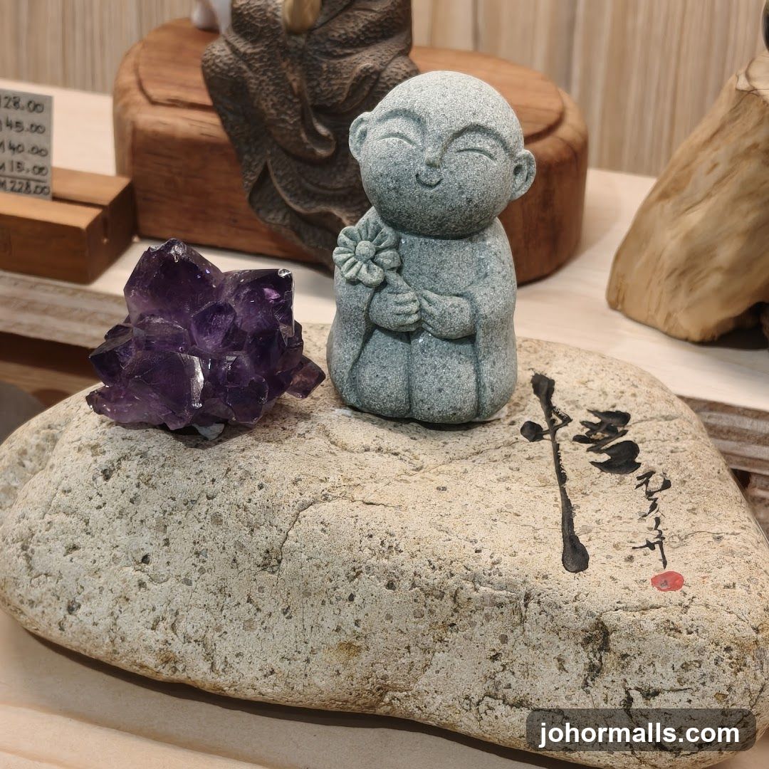 Stone figurine and amethyst crystal