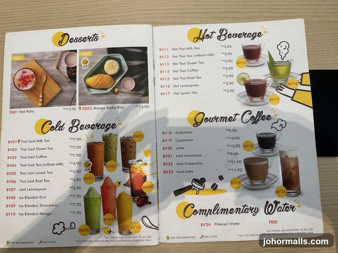 Desserts, Cold Beverage, Hot Beverage, Gourmet Coffee, Complimentary Water