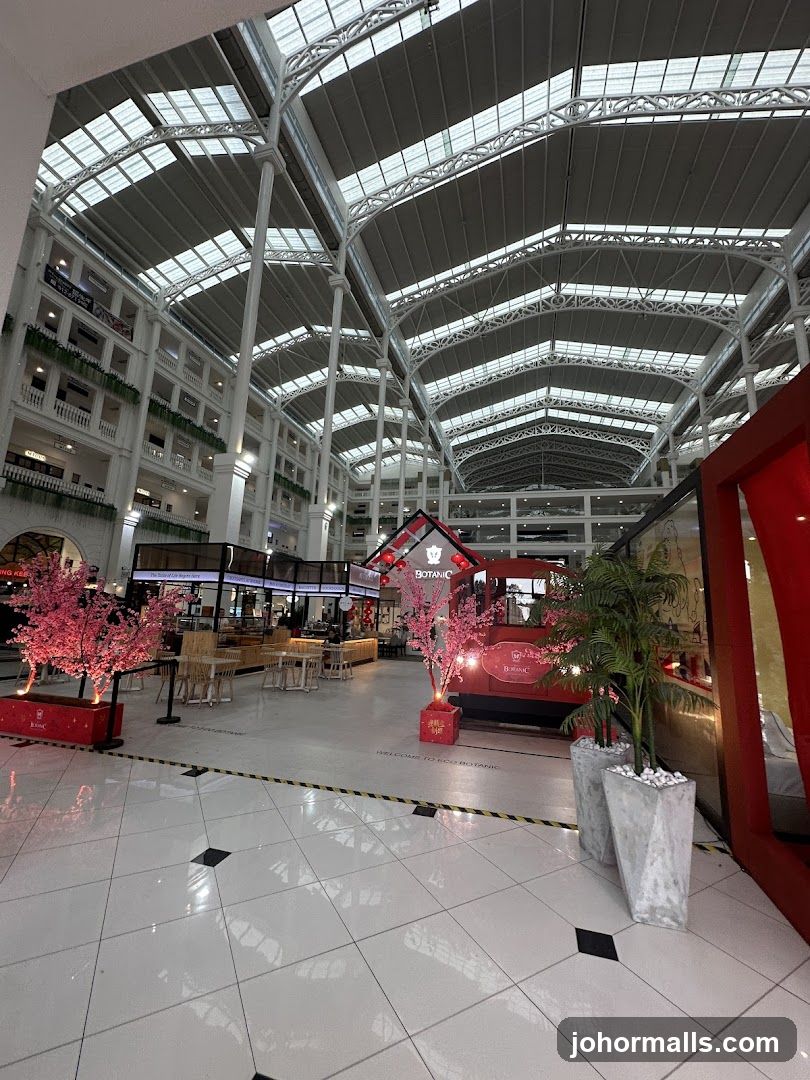 Indoor shopping mall atrium with decorative elements