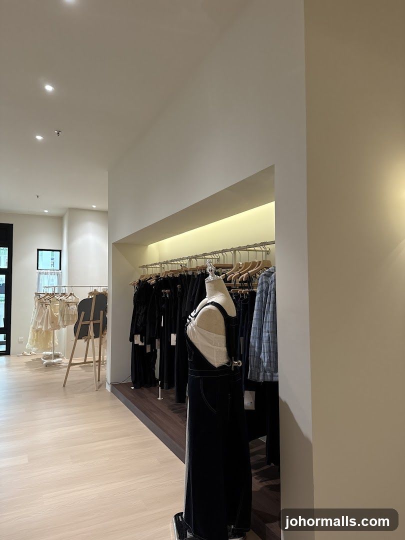 Clothing store interior with mannequins and racks of clothes