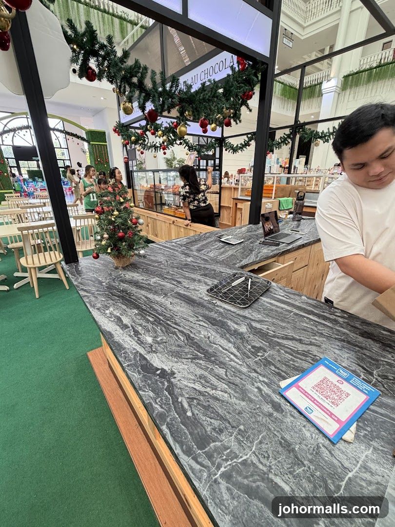 Counter with QR code and Christmas decorations