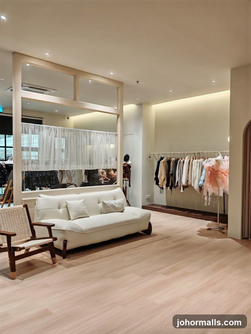 Clothing store interior with seating and clothing racks