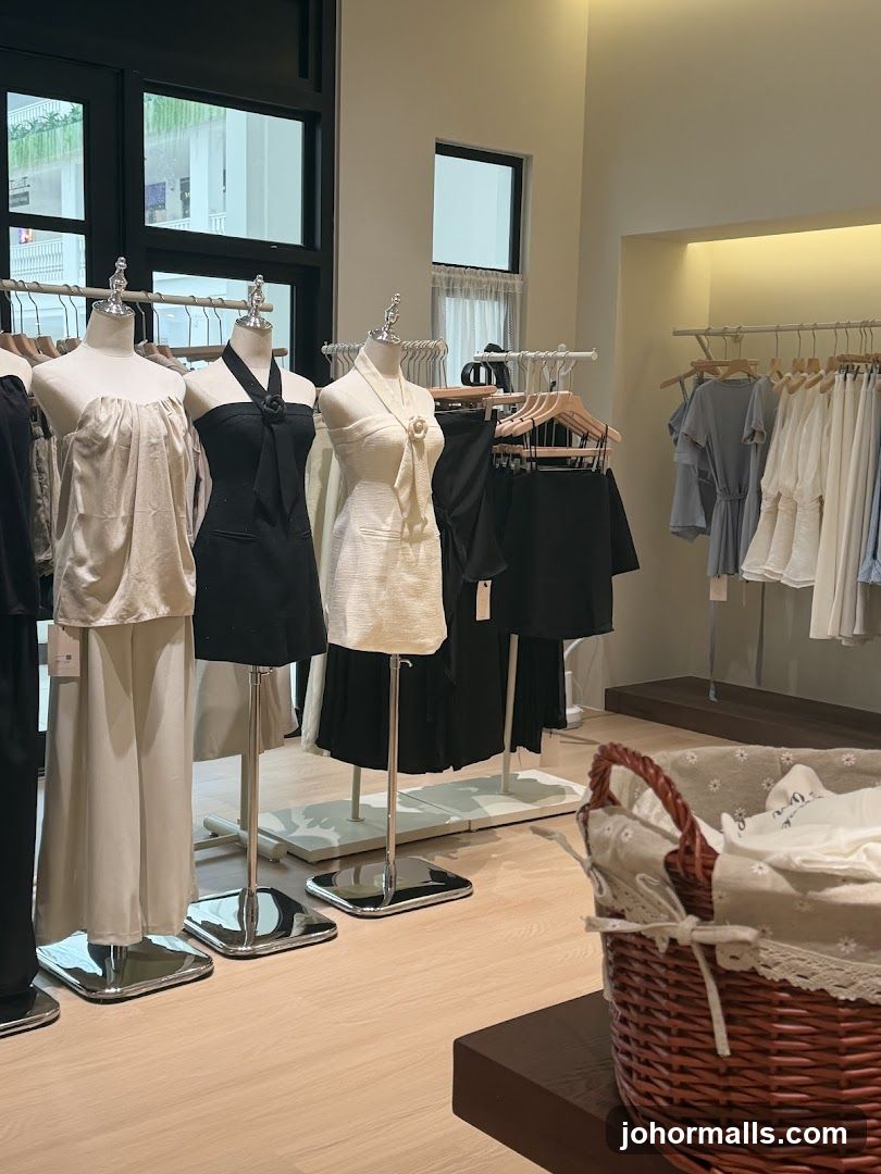 Clothing store interior with mannequins and clothing racks